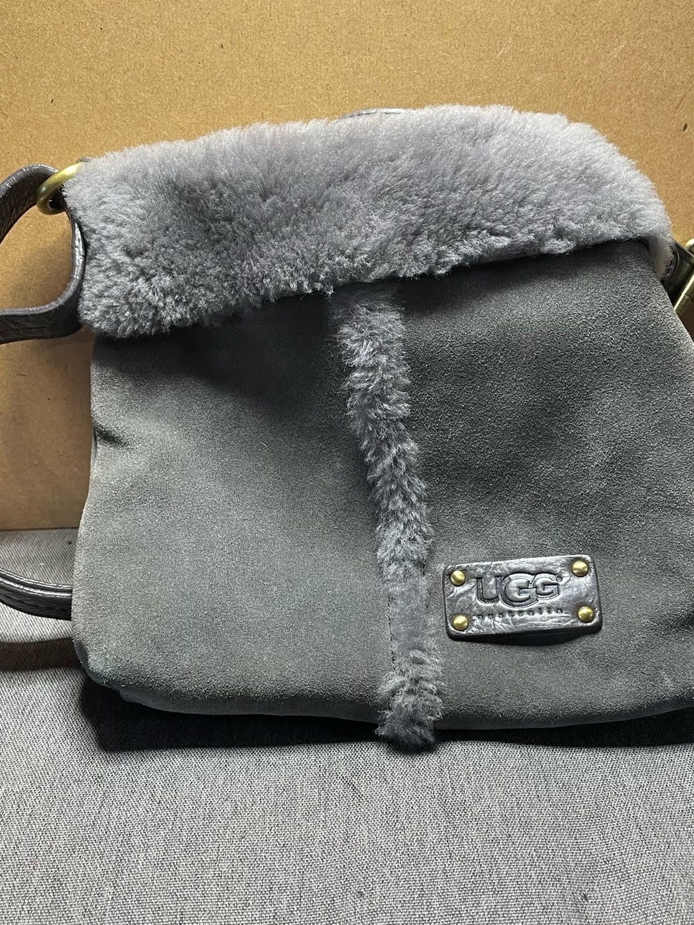 UGG Gray Suede Shearling Crossbody Shoulder Bag